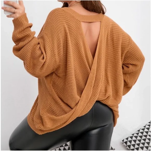 Plus Cozy V neck Twist Open Back Sweater Top - Picture 1 of 3